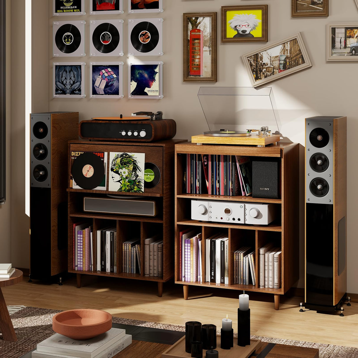 ELECWISH Record Player Stand with Vinyl Storage, Flip Top Media Cabinet, Audio-Video Stereo Cabinet，Mid-Century Turntable Table with Open Storage for Living Room, Bedroom, Walnut ELECWISH