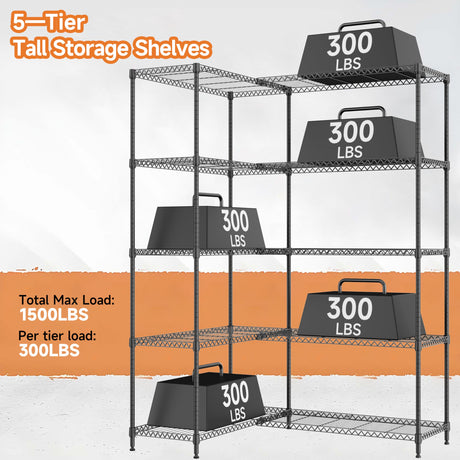 M MZG 5 Tiers Storage Shelves Load 1500LBS, Metal Shelving Wire Metal Shelving Unit Shelves for Storage Adjustable Garage Shelving for Pantry Kitchen Garage Black 15.8" D x 33.5" W x 70.5" H M MZG