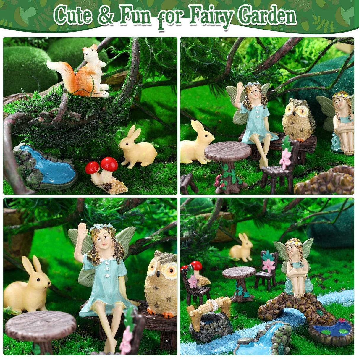 Roowest 19 Pcs Miniatures Garden Fairies Kit Garden Accessories Miniatures Bunny Squirrel Owl Animals Cute Tiny Mushroom Mini Pond Bridge Figurine for DIY Home Micro Landscape Terrarium Ornaments Roowest