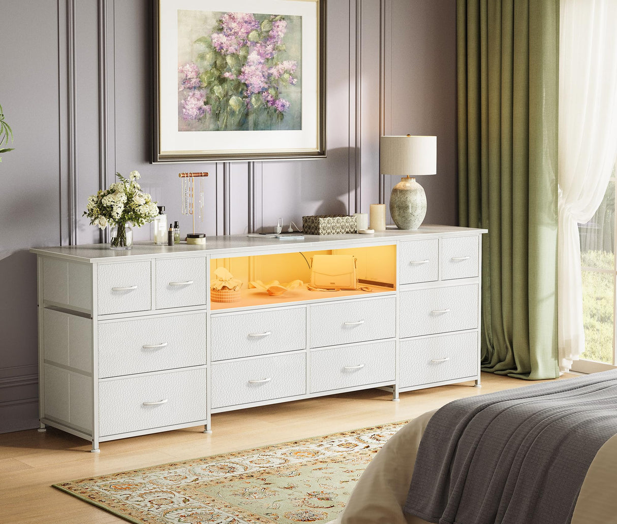 Huuger 63 Inch Dresser TV Stand with LED Lights, Power Outlets and USB-C Port, 12 Fabric Drawer Dresser for Bedroom, Wide Entertainment Center for 65, 70 Inch TV, Media Console, Open Shelf, White Huuger