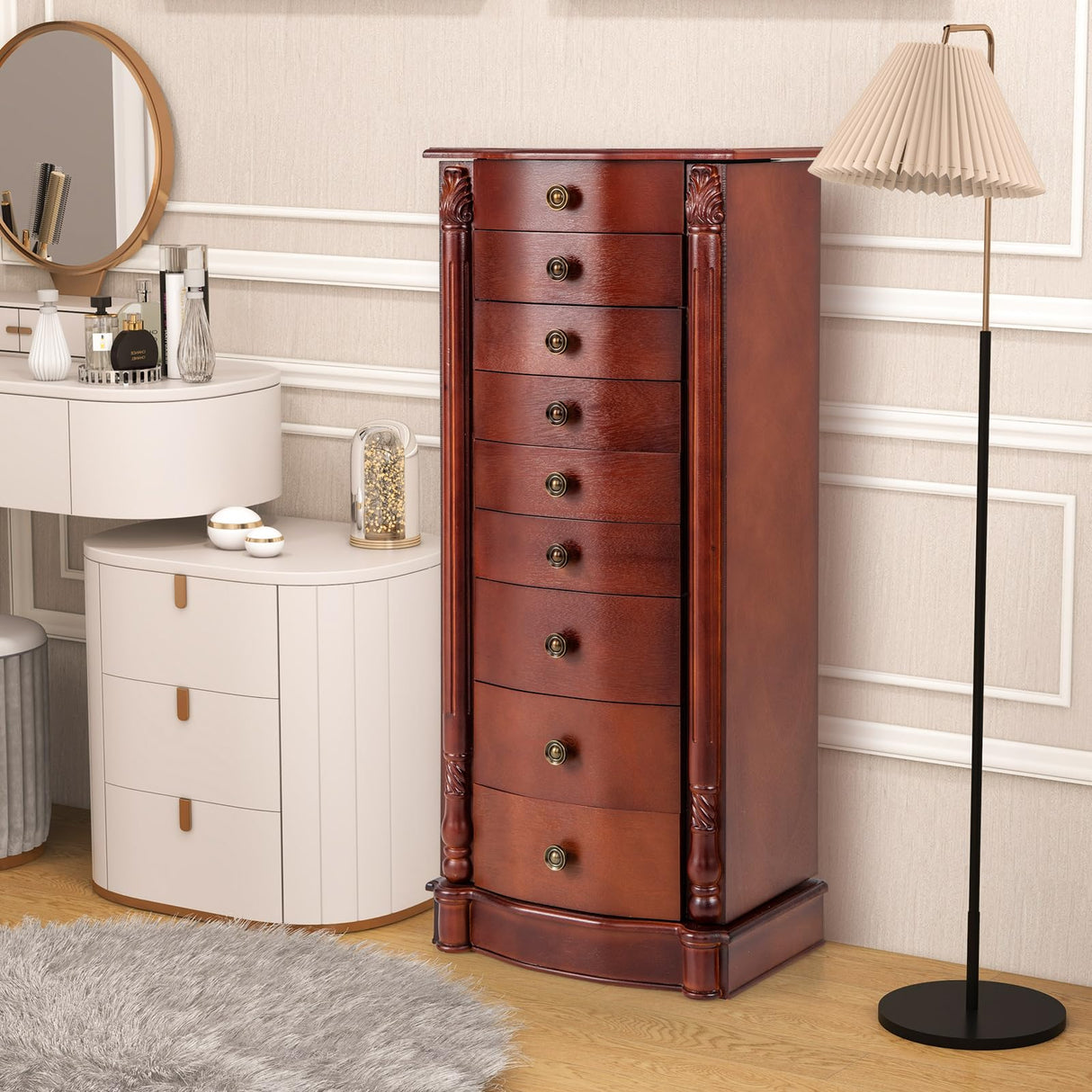 Giantex Large Jewelry Armoire Cabinet with 8 Drawers & 2 Swing Doors 16 Hooks Top Mirror Boxes, Standing Cambered Front Storage Chest Stand, Large Standing Jewelry Armoire, Dark Walnut Giantex