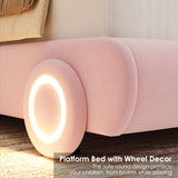 Queen Upholstered Led Bed Frame with Wheels Decor & Adjustable Curved Headboard Modern Car-Shaped Platform Bed with Detachable Pillows Solid Wooden Slats Support No Box Spring Needed, Velvet Pink Keyluv