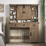 AOGLLATI Makeup Vanity with Lights & Barn Doors, Vanity Desk with Mirror and Lights & Charging Station, Farmhouse Brown Vanity Table with Jewelry Hooks and Open Storage Shelves AOGLLATI