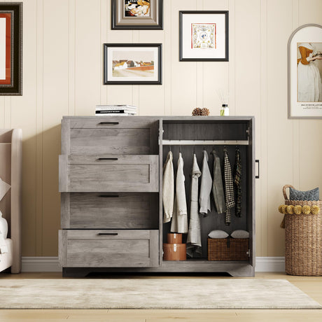 GarveeHome Multifunctional Wooden Dresser for Bedroom, 43.3 in H 2 Door Wardrobe Armoire Closet with 4 Drawers and Hanging Rod, Low Storage Cabinet for Hanging Cloth, Gray GarveeHome