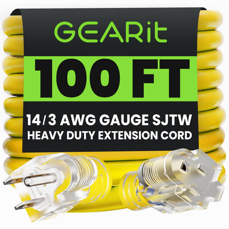 GEARit Outdoor 14 AWG Gauge 3 Prong Plug 100 Foot Extension Cord, Power Cord for Lawn, Garden, Appliances, 14/3, SJTW Heavy Duty for Indoor/Outdoor, All Purpose Weather Resistant, 100 Feet, Yellow GearIT