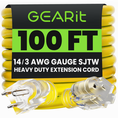 GEARit Outdoor 14 AWG Gauge 3 Prong Plug 100 Foot Extension Cord, Power Cord for Lawn, Garden, Appliances, 14/3, SJTW Heavy Duty for Indoor/Outdoor, All Purpose Weather Resistant, 100 Feet, Yellow