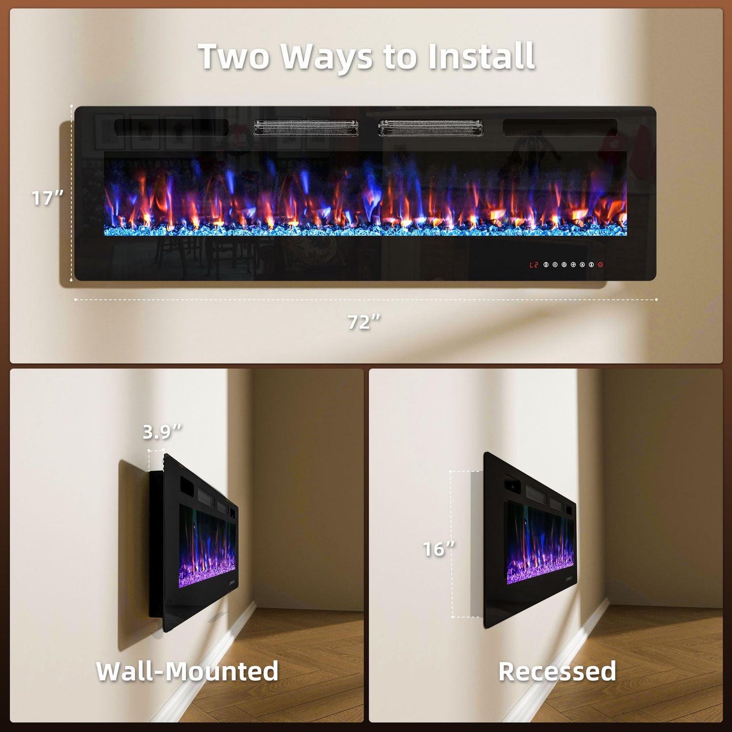 72" Electric Fireplace in-Wall Recessed,1500W Ultra-Thin Wall Mounted Fireplace Heater, Multicolor Flame Low Noise Timer Touch Screen &Remote Control