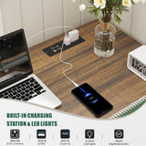 Lareth L Shaped Desk with Monitor Stand Farmhouse Computer Desk with Led Light and Power Outlet, Executive Desk for Home Office Room Workstation with File Cabinet for Working Gaming, Antique White Lareth