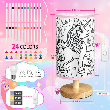 NuuNuy DIY Unicorn Night Light for Girls Room - Paint Your Own Lamp Kit with Bulb & 24 Markers, Dimmable Table Lamp with 3 Colors, Cute Room Decor, Birthday & Christmas Gifts for Girls (Unicorn) NuuNuy