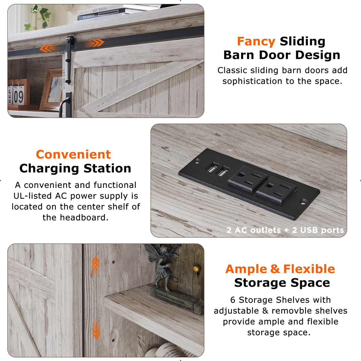 T4TREAM Farmhouse Full Size Bed Frame w/Storage Bookcase Headboard, Sliding Barn Door, Charging Station, Rustic Wood Platform Bed w/Wood Slats Support, No Box Spring Needed, Antique Brush White T4TREAM