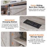 T4TREAM Farmhouse Full Size Bed Frame w/Storage Bookcase Headboard, Sliding Barn Door, Charging Station, Rustic Wood Platform Bed w/Wood Slats Support, No Box Spring Needed, Antique Brush White T4TREAM