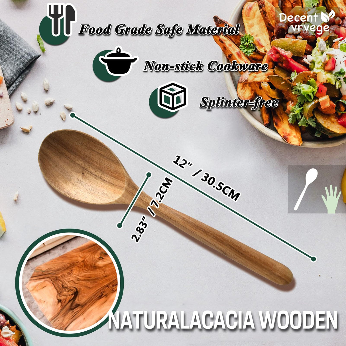 Wood Spoon, Healthy Acacia Wooden Cooking Spoons, Durable Kitchen Serving Spoon Scooper, Non Scratch Wood Ladle Tableware For Cooking, Serving Salad, Stirring Soup, Easy to use Decent Vrvege