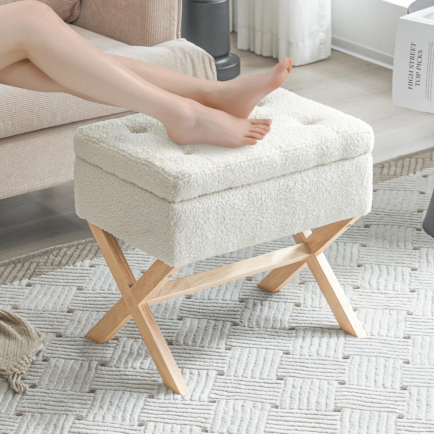 Furniliving Faux Fur Foot Stool Chair, 15” L x 20.5” W x19” H Square Ottoman with Storage, Vanity Stool with Wooden X Legs, Modern Footstool Foot Rest for Makeup Room, Bathroom, Bedroom (IvoryWhite)