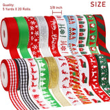 Christmas Ribbon 3/8 Inch,20 Rolls 100 Yards Christmas Grosgrain Ribbon,Christmas Ribbon for Gift Wrapping Crafts DIY Holiday Xmas Decorations Vloso