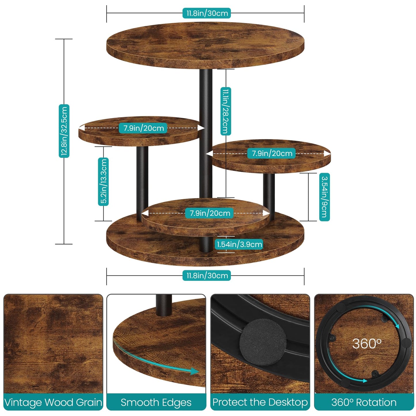 ELITEROO 4 Tier Round Cupcake Tower Stand for 50 Cupcakes, Wooden Rotatable Cake Stands with Tiered Tray, Farmhouse Wood Dessert Display Platter for Birthday Graduation Baby Shower Wedding Tea Party