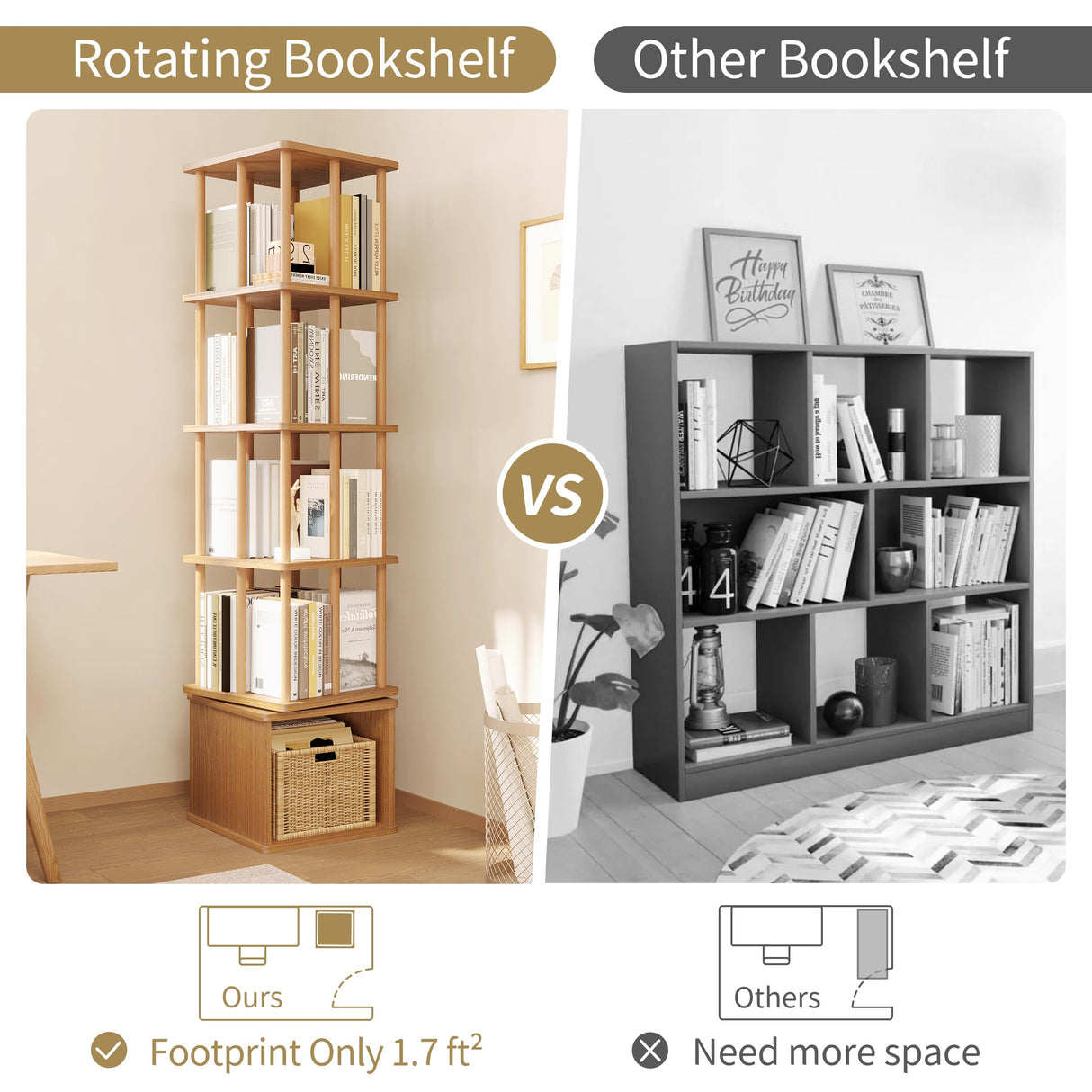 IOTXY 4-Tier Rotating Bookshelf Tower - Beech Wood Frame Spinning Bookcase with Storage Base, Tall Freestanding Revolving Shelf Organizer, Oak IOTXY