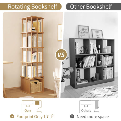 IOTXY 4-Tier Rotating Bookshelf Tower - Beech Wood Frame Spinning Bookcase with Storage Base, Tall Freestanding Revolving Shelf Organizer, Oak IOTXY