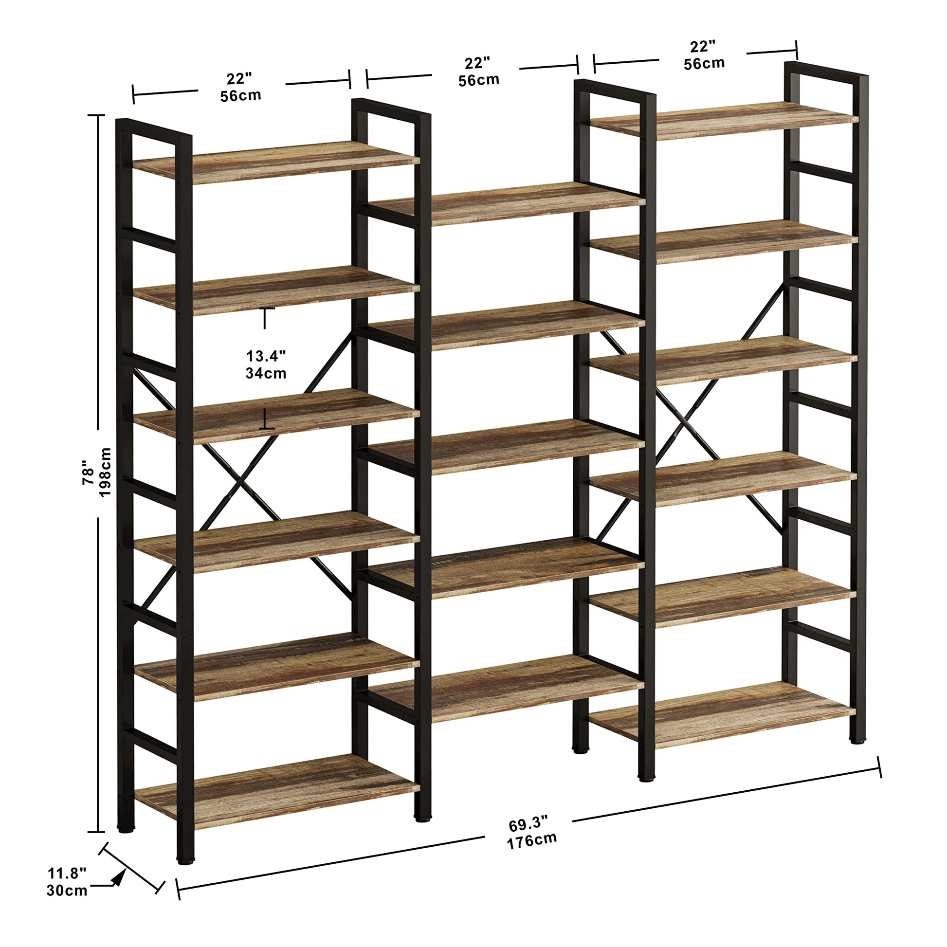 Triple Wide 6-Tier Industrial Bookshelf by IRONCK – Large Open Etagere with Metal Frame for Stylish Storage - WoodArtSupply