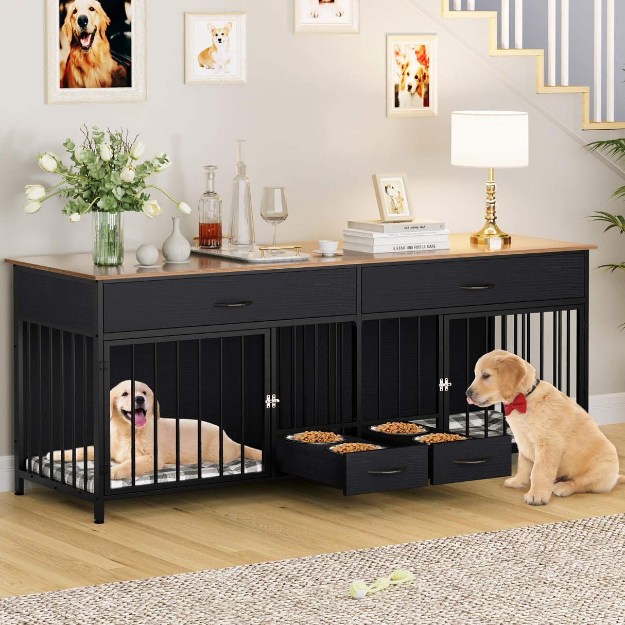 YITAHOME Double Dog Kennel Furniture TV Stand，Indoor Dog Crate Furniture Large Breed with Storage&Dog Feeder, 74.8" Inch Wooden Decorative Dog Kennel YITAHOME