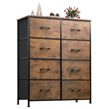 WLIVE Tall Fabric Dresser with 8 Drawers, Storage Tower with Fabric Bins, Double Dresser, Chest of Drawers for Closet, Bedroom, Living Room, Hallway, Dorm, Rustic Brown Wood Grain Print WLIVE