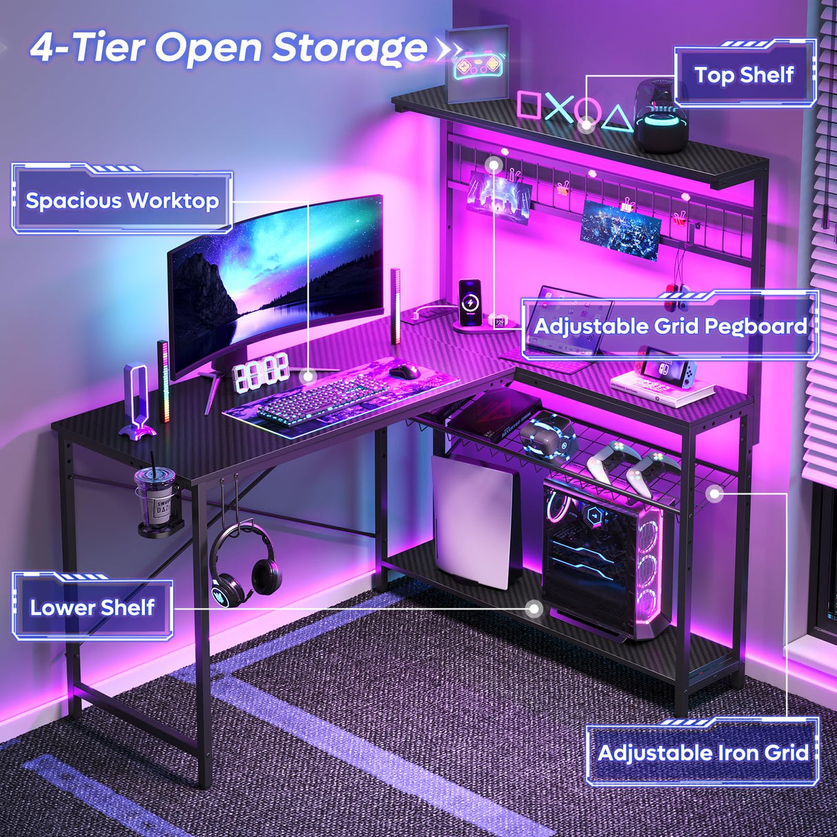 Bestier L Shaped Gaming Desk with Power Outlets, 51 inch Large LED Computer Desk Reversible Corner Desk with 4 Tiers Storage Shelves, Gamer Desk with Headset Hooks and Cup Holder, Carbon Fiber Black Bestier