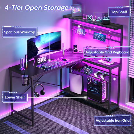 Bestier L Shaped Gaming Desk with Power Outlets, 51 inch Large LED Computer Desk Reversible Corner Desk with 4 Tiers Storage Shelves, Gamer Desk with Headset Hooks and Cup Holder, Carbon Fiber Black Bestier