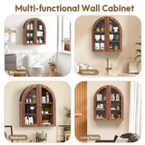 YUCHIATH Wall Bathroom Cabinet with Glass Doors, Wood Medicine Cabinet with Adjustable Shelf, Arched Hanging Cabinet for Bathroom, Livingroom, Kitchen (Walnut) YUCHIATH