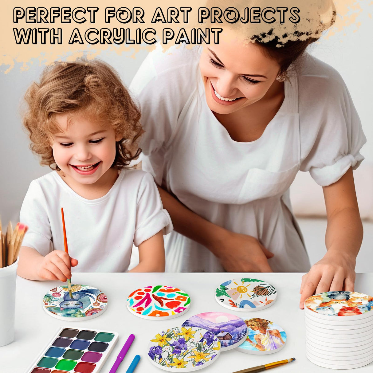 Ceramic Tiles for Crafts, GOH DODD 24 Pack Unglazed Blank Coasters White Tiles with 24 Cork Backing Pads for Alcohol Ink, Painting, Acrylic Pouring, DIY, Art Projects, Decorating, Round, 4 Inch GOH DODD