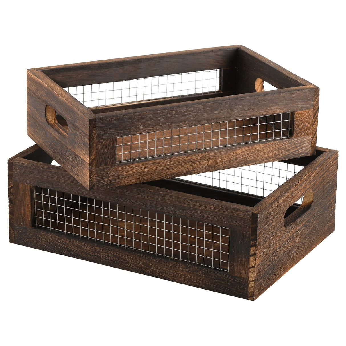 Dicunoy Set of 2 Rustic Nesting Boxes, Wooden Organizer Crates Basket, Small Decorative Wood Wire Containers with Handle for Countertop, Fruit, Veggies, Kitchen, Bathroom, Pantry Storage, Gift Basket Dicunoy