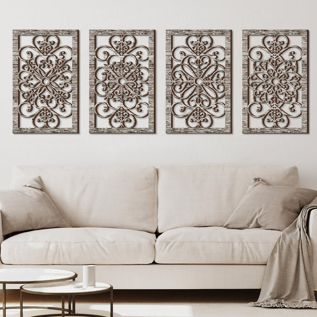 Yulejo 4 Pcs Thicken Rustic Wall Decor Modern Farmhouse Wall Art Decor Wooden Hollow Carved Design Rustic Wall Art for Living Room Hallway Decor Office Kitchen Wall (Gray,15.8 x 9.9 Inch) Yulejo