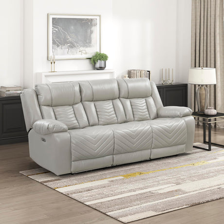 Lexicon Wall Hugger Power Double Reclining Sofa with Center Drop-Down Table, Faux Leather Home Theater Seating with LED Lighting/USB Charging Ports/Wireless Charger/Cup Holders, Magazine Pocket, Gray Lexicon