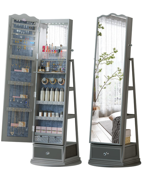 TAGELIER Full-Length Mirror Jewelry Cabinet Standing, 360° Swivel Jewelry Armoire with Mirror and LED Lights, Built in Mirror Standing Mirror with Storage - Large Capacity Shelves & Drawer, Gray TAGELIER