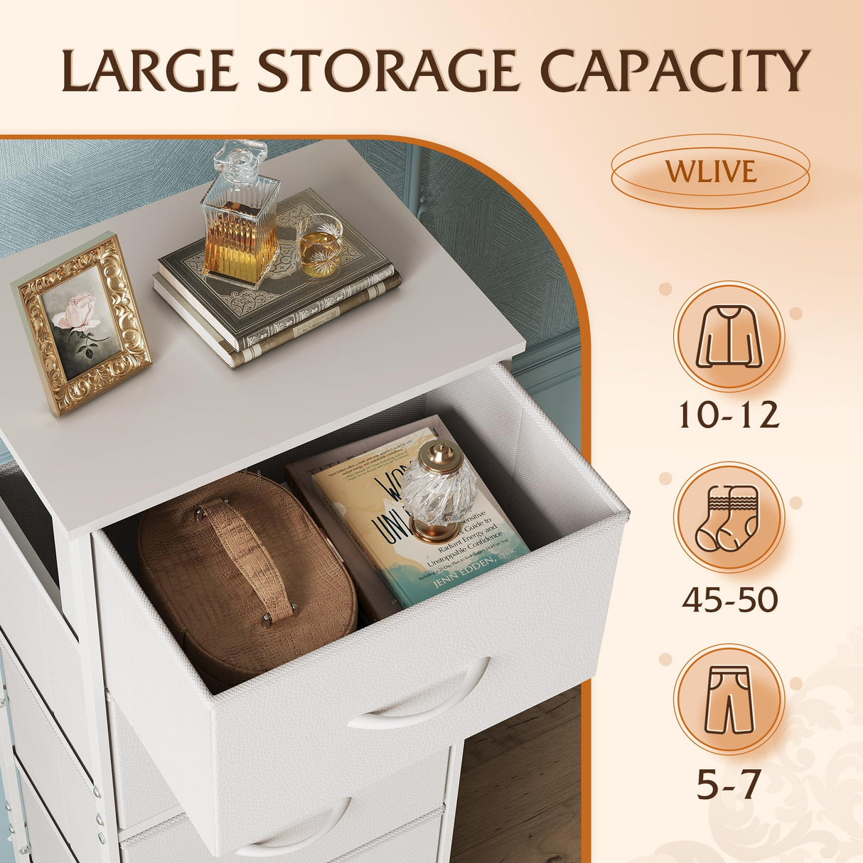 WLIVE Fabric Dresser, 5-Drawer Tall Dresser for Bedroom, Storage Dresser Organizer with Fabric Bins, Wood Top, Sturdy Steel Frame, Chest of Drawers for Closet, Hallway, White WLIVE