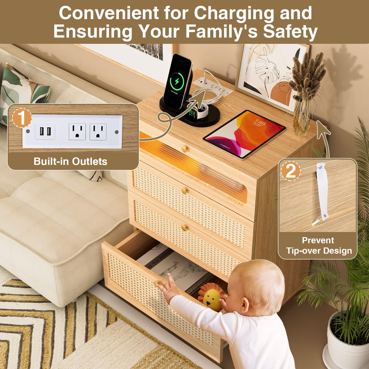 HPWLYO Rattan Dresser for Bedroom with LED Light, 4 Drawer Tall Rattan Dressers with Charging Station, Dressers Chests of Drawers,Bedroom Closet Dresser for Bedroom, Hallway,Entryway HPWLYO