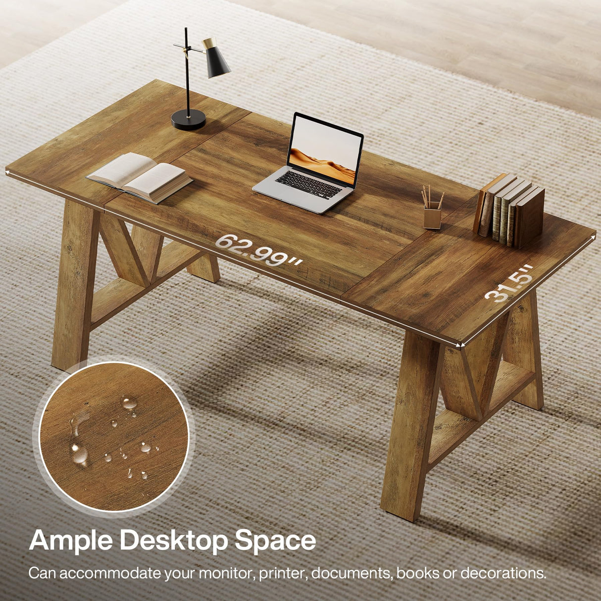 Tribesigns 63" Executive Desk, Farmhouse Wooden Office Computer Desk, Large Workstation Writing Table with Sturdy Legs for Home Office, Brown Tribesigns
