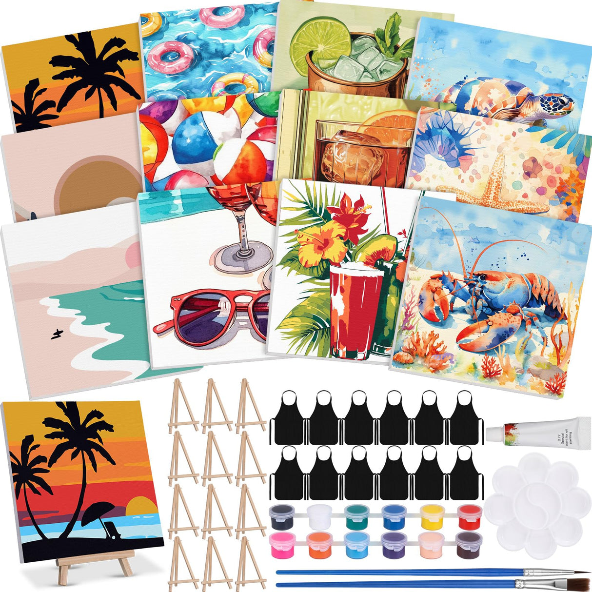 MotiMind 12 Sets Framed Paint by Number Kit for Adults with 12 Wooden Easels, 12 Disposable Apron, 12 Pigment 12 Brush, 12 Palette, DIY Acrylic Paint by Number Kits for Party(Summer) MotiMind