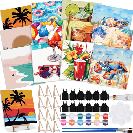 MotiMind 12 Sets Framed Paint by Number Kit for Adults with 12 Wooden Easels, 12 Disposable Apron, 12 Pigment 12 Brush, 12 Palette, DIY Acrylic Paint by Number Kits for Party(Summer) MotiMind