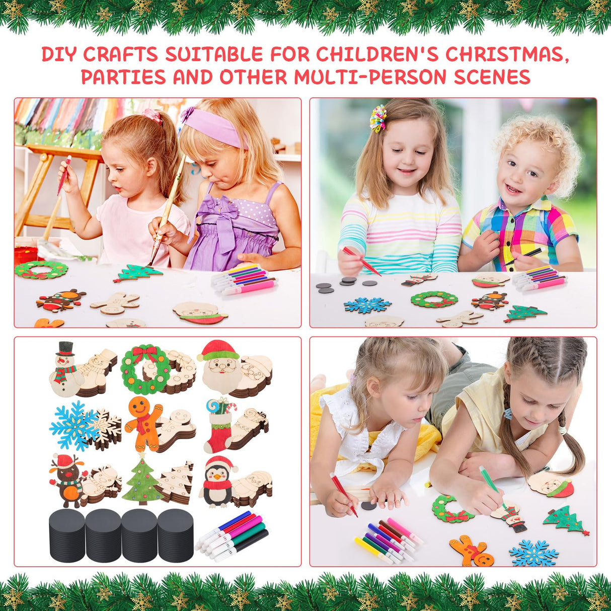 Blueweenly 84 Pcs DIY Wood Christmas Craft Magnets Set for Kids Christmas Day Craft Wooden Ornaments Unfinished Slices in 9 Styles Ornaments to Paint Crafts for Kids Blueweenly