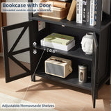 Joaxswe 5 Tier Bookshelf 70" Tall Bookcase with Barn Doors,Large Farmhouse Display Book Shelf with Adjustable Shelves and Storage Cabinet， Wood Bookshelves for Living Room,Kitchen,Antique Black(2PCS) Joaxswe