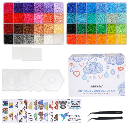Artkal Mini Fuse Beads Kit 48 Colors 24000 Melty Beads 2.6mm Iron Beads Kit with 4 Pegboards 2 Tweezers 48 Patterns 2 Large Ironing Paper, for Birthday Christmas Holiday Gift ARTKAL