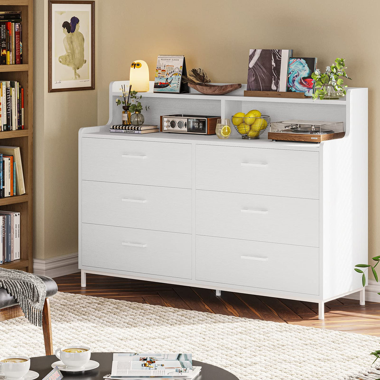 Hasuit 6 Drawers Double Dresser with Shelves, Large Wooden Storage Tower Organizer, Wide Chest of Drawers, White Dresser for Bedroom, Living Room, Entryway Hasuit