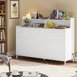 Hasuit 6 Drawers Double Dresser with Shelves, Large Wooden Storage Tower Organizer, Wide Chest of Drawers, White Dresser for Bedroom, Living Room, Entryway Hasuit