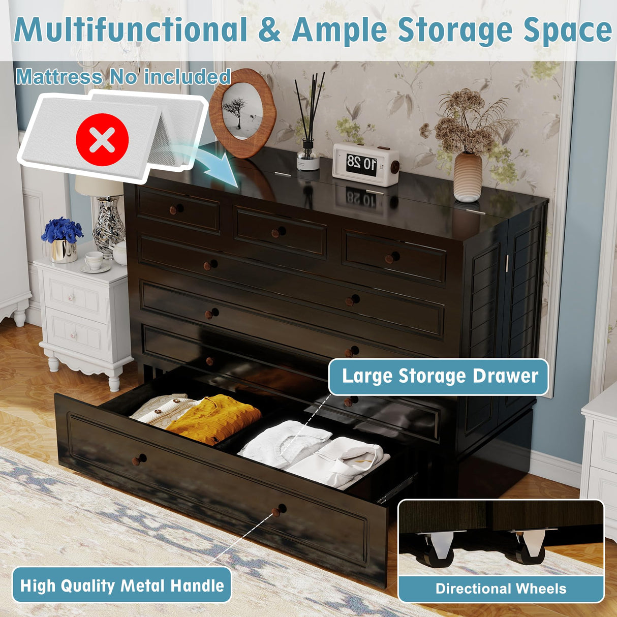 ClassyCabin Murphy Bed Queen Cabinet Without Mattress: Retro Black Wood Handle Murphy Bed Cabinet with USB Port & Small Shelves, Space Saving Wall Chest Bed with 2 Large Drawer for Home ClassyCabin