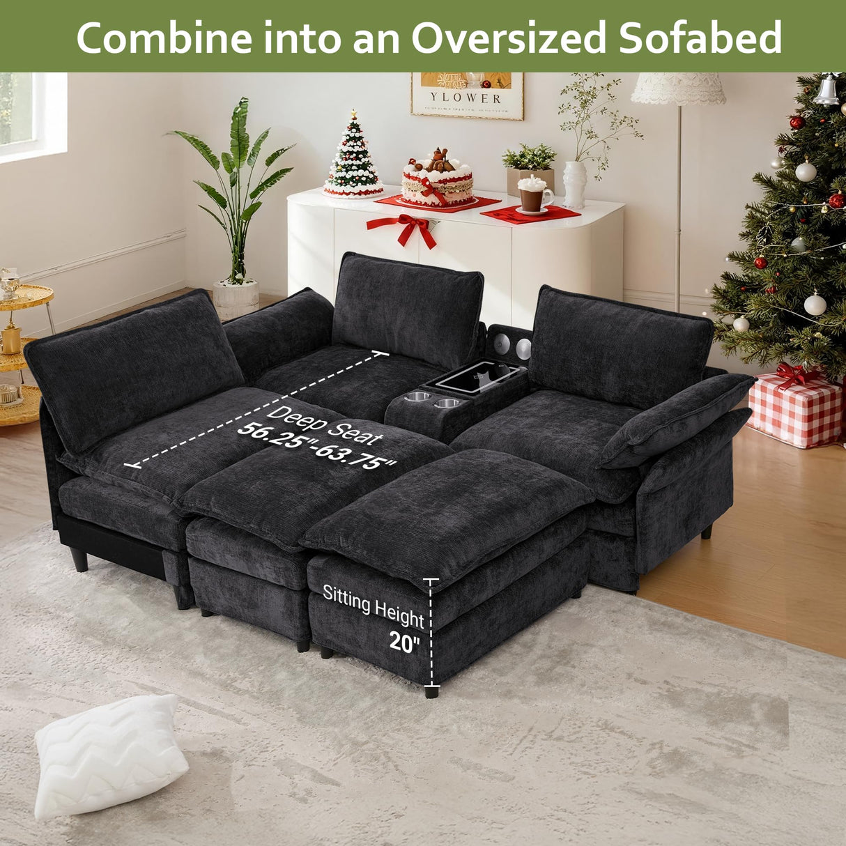 EYATZO 124" U Shaped Cloud Couch, Modular Sectional Sofa with Movable Ottomans, Modern Deep Seat Sofas for Living Room, Comfy Chenille Sectionals with Central Console & Bluetooth Speakers (Black) EYATZO