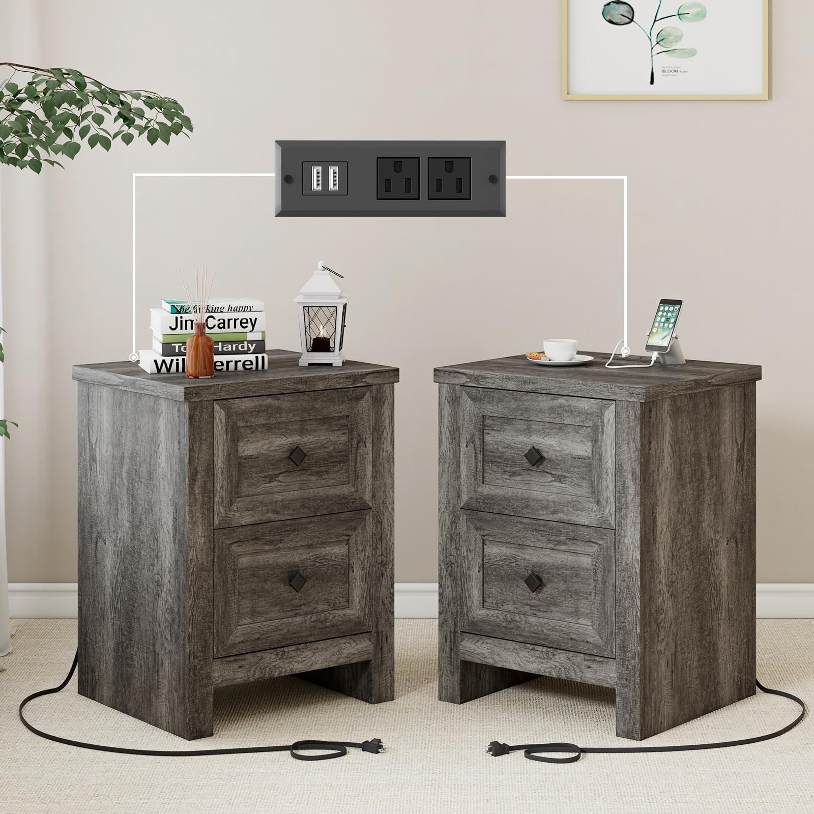 LUXOAK Nightstand Set of 2 with Charging Station, Farmhouse End Table with 2 Drawers Storage Cabinet, Rustic Wood Sofa Side Table for Bedroom, Living Room, Office, Grey - WoodArtSupply