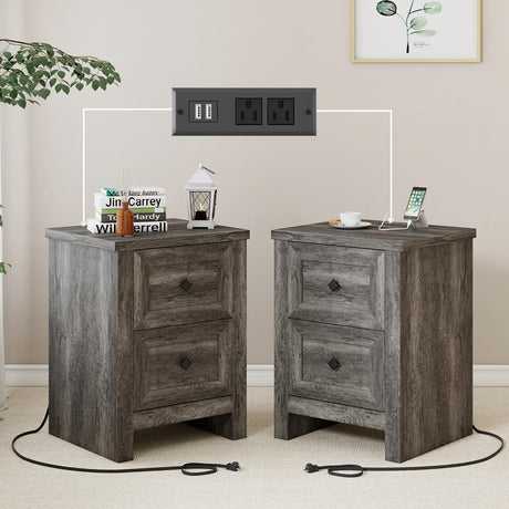 LUXOAK Nightstand Set of 2 with Charging Station, Farmhouse End Table with 2 Drawers Storage Cabinet, Rustic Wood Sofa Side Table for Bedroom, Living Room, Office, Grey LUXOAK