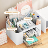 Marbrasse Pen Organizer with 2 Drawer, Multi-Functional Pencil Holder for Desk, Desk Organizers and Accessories with 5 Compartments + Drawer for Office Art Supplies (White) Marbrasse