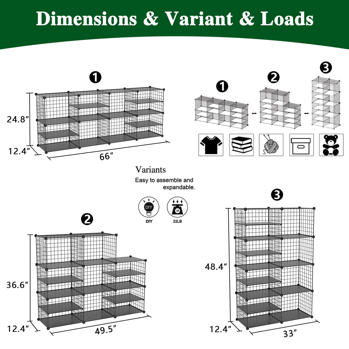 C&AHOME Wire Cube Storage Unit, Interlocking Metal Wire Organizer with Divider Design, Modular Cabinet with Plastic Panels, Bookshelf Stackable Closet Organizer with Small Hooks, Black UWCSIM08B C&AHOME