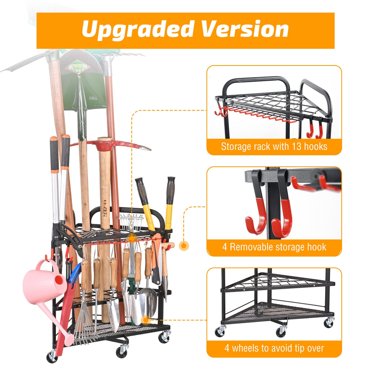 PLKOW Garden Tool Organizer with Wheels and Storage Hooks, Rolling Corner Tool Storage Rack for Garden, Shed, Garage, Powder Coated Steel, Black PLKOW