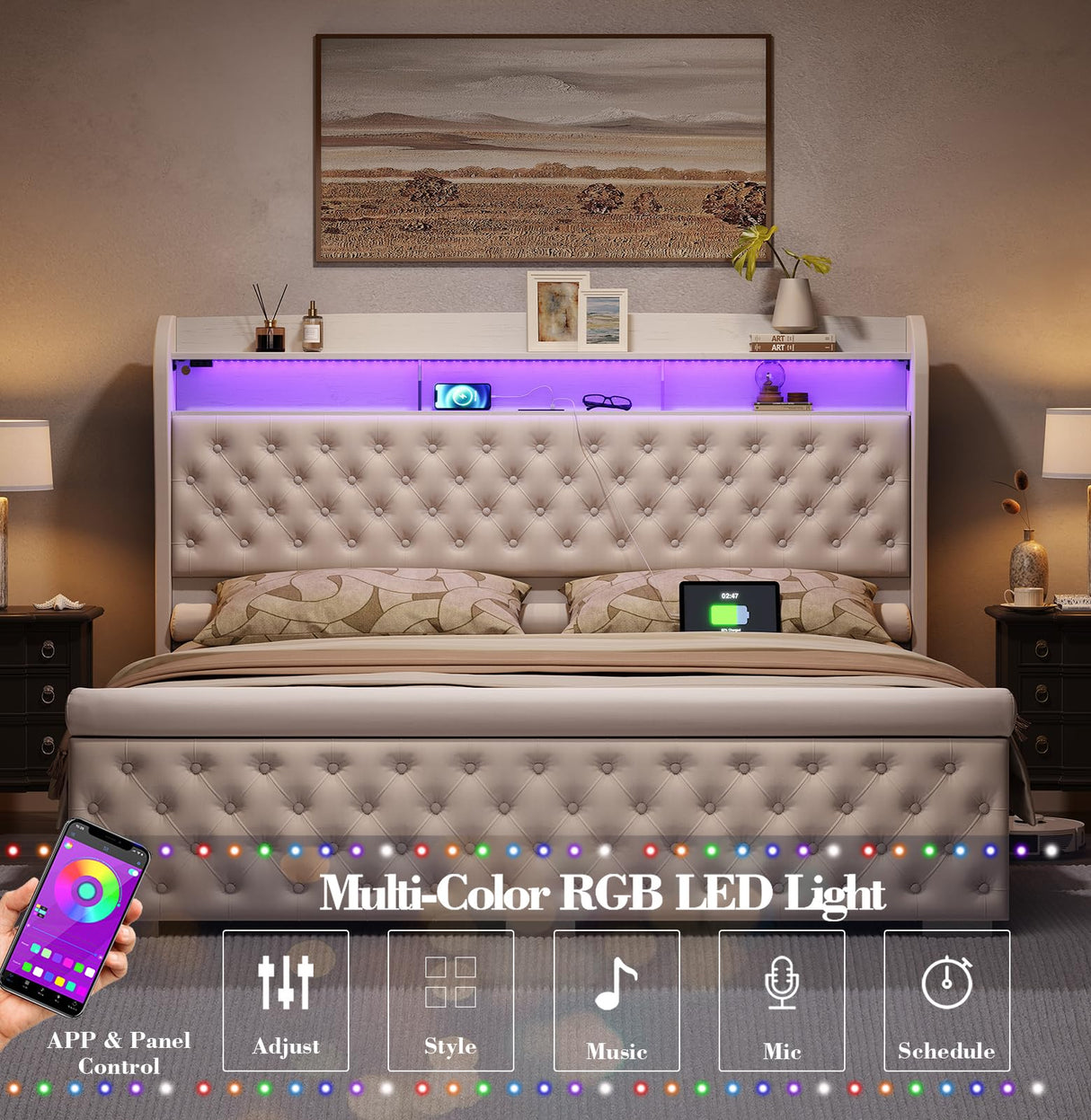 ROCHECASA Twin Bed Frame with Storage, Velvet Upholstered Bed with Charging Station and LED Light, Deep Button Tufted Wingback Headboard, No Box Spring Needed, Noise Free, Easy Assembly, Cream ROCHECASA